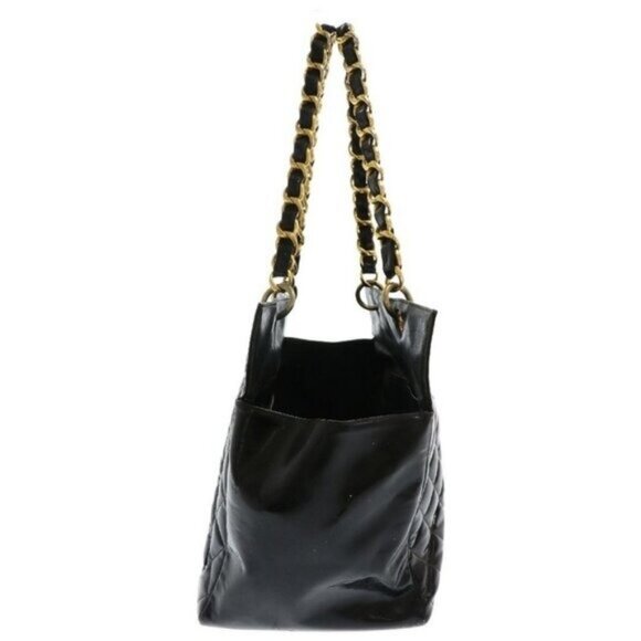 Authentic CHANEL XL Patent Shopping Tote Quilted Chain Shoulder Bag Gold Purse - Picture 8 of 11